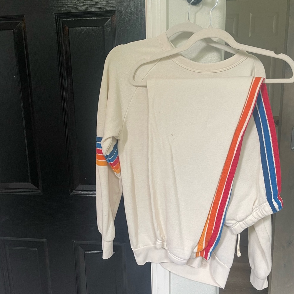 Aviator Nation sweatpants. Off white with rainbow stripe.